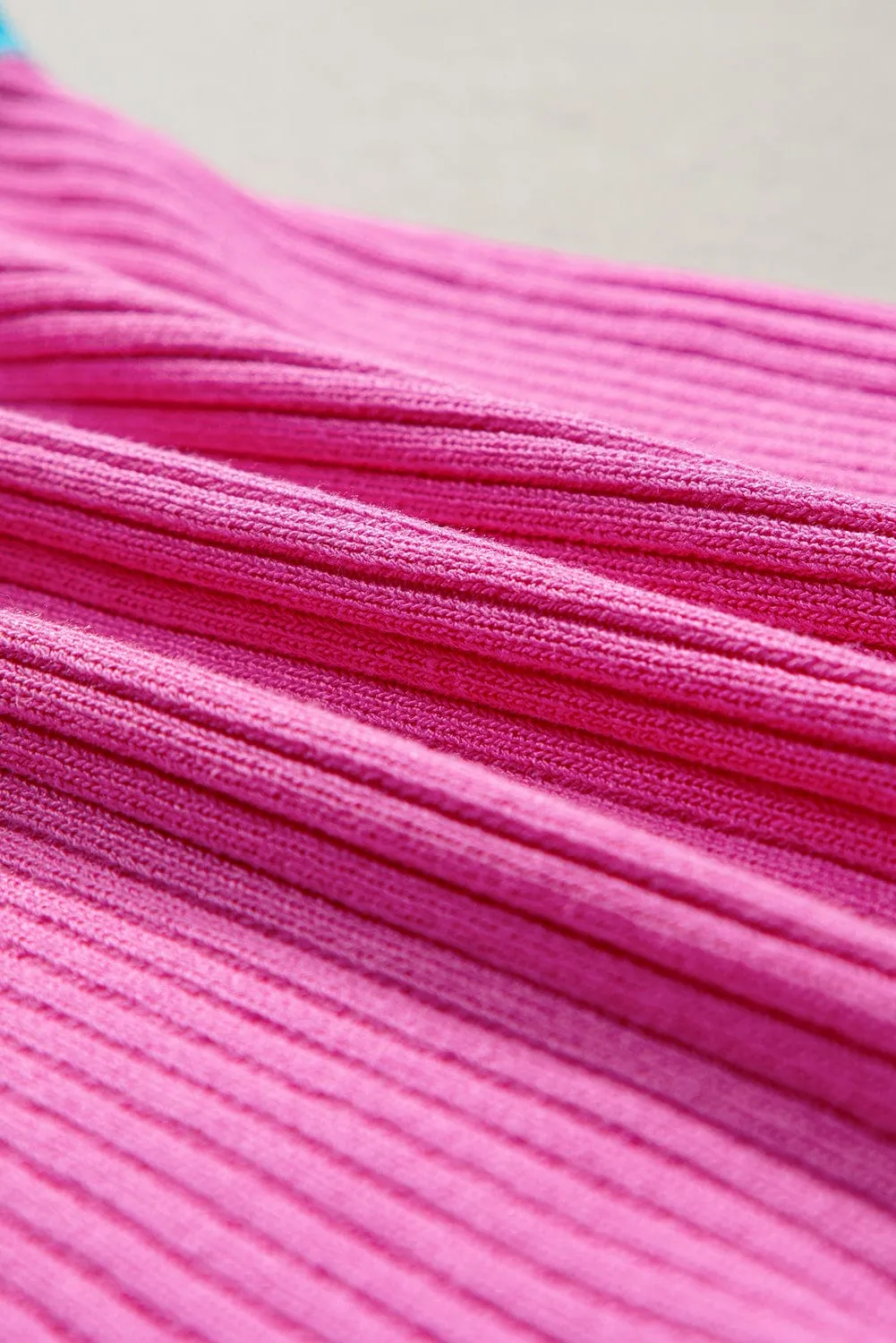 Bright Pink Ribbed Knit U Neck Tank Top with Colorblock Detail