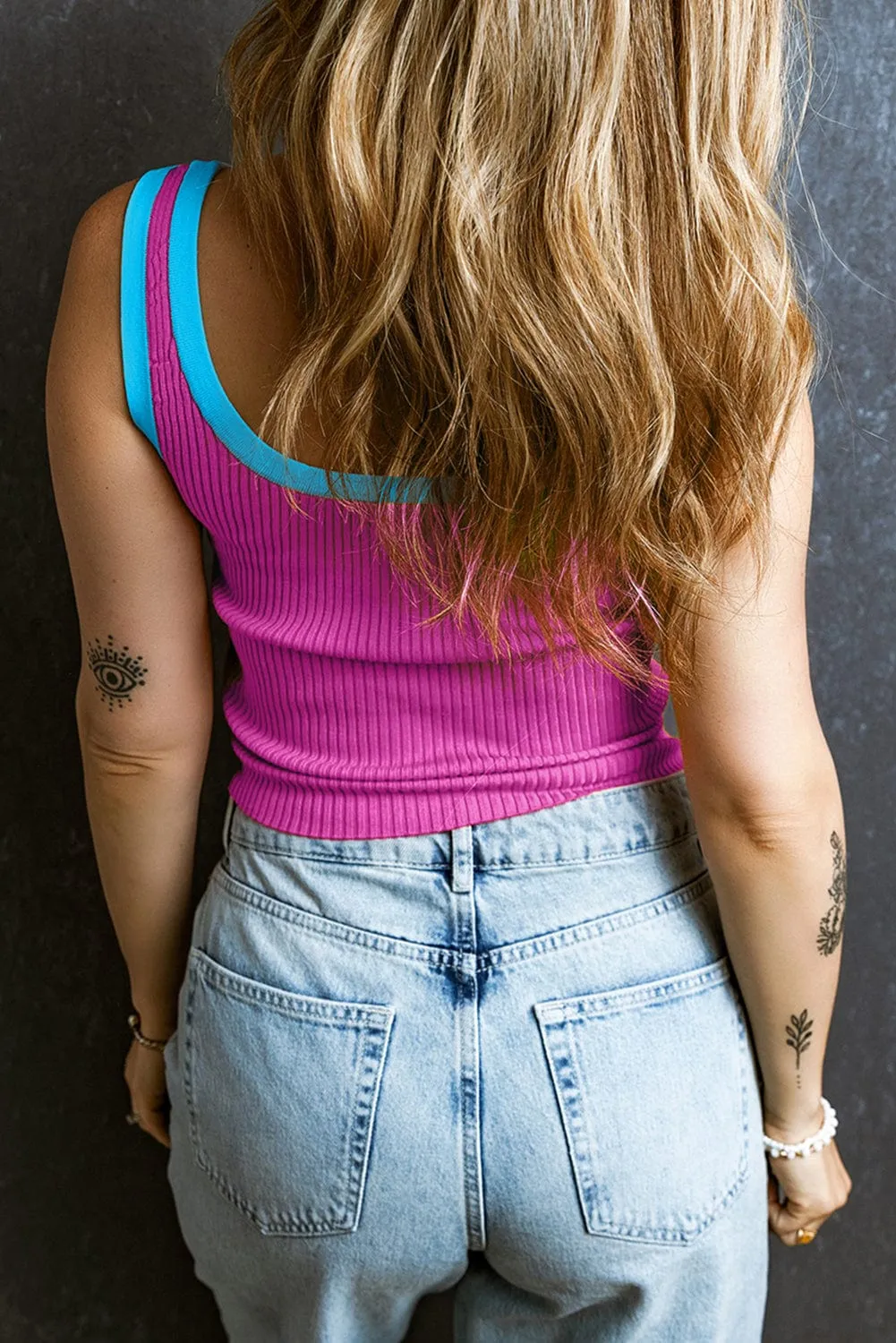 Bright Pink Ribbed Knit U Neck Tank Top with Colorblock Detail