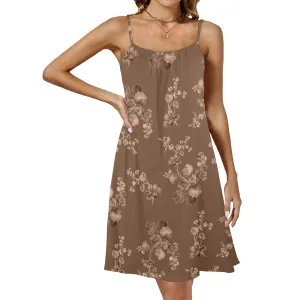 brown tone floral print Drawstring Neck Sleeveless Dress (Model D68)