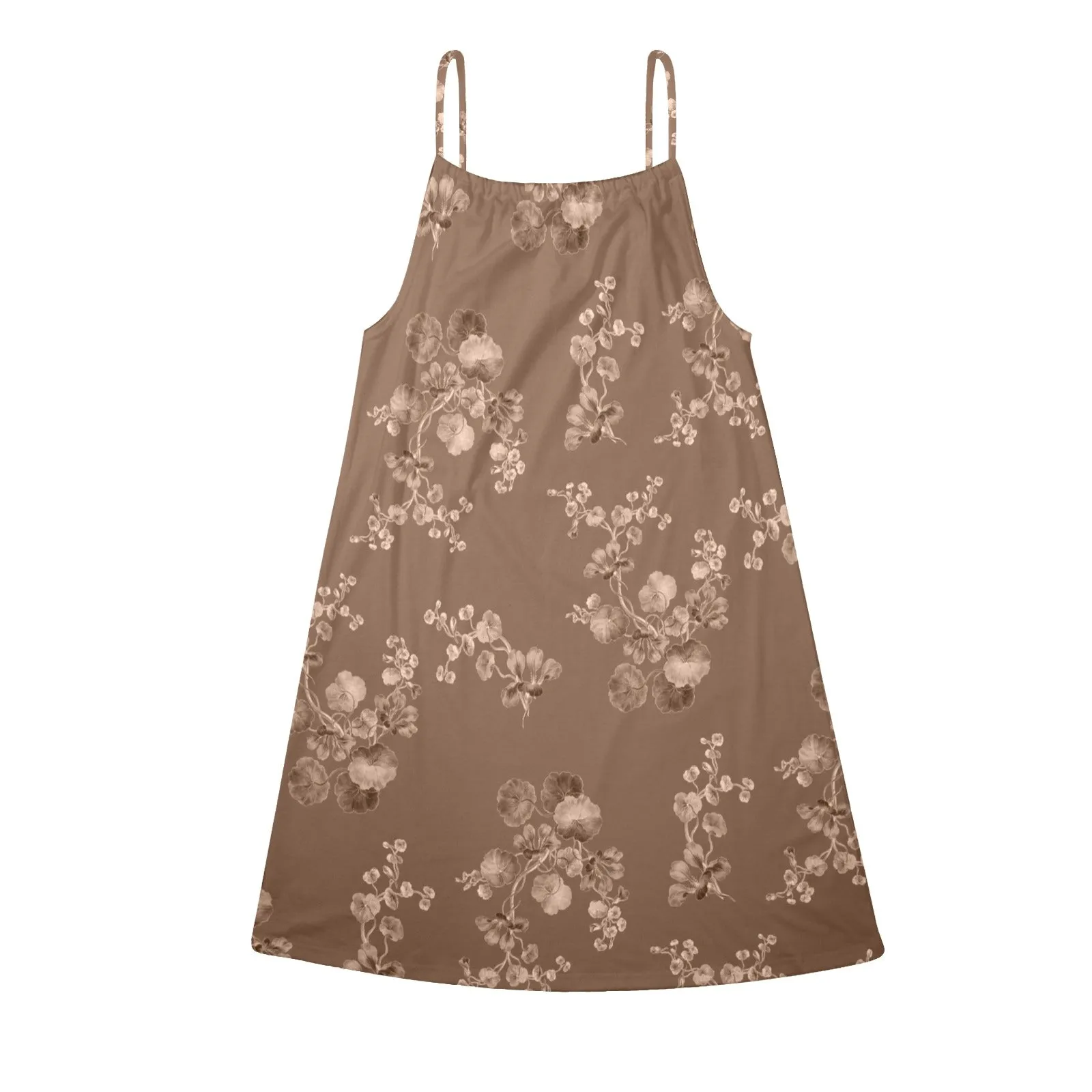 brown tone floral print Drawstring Neck Sleeveless Dress (Model D68)