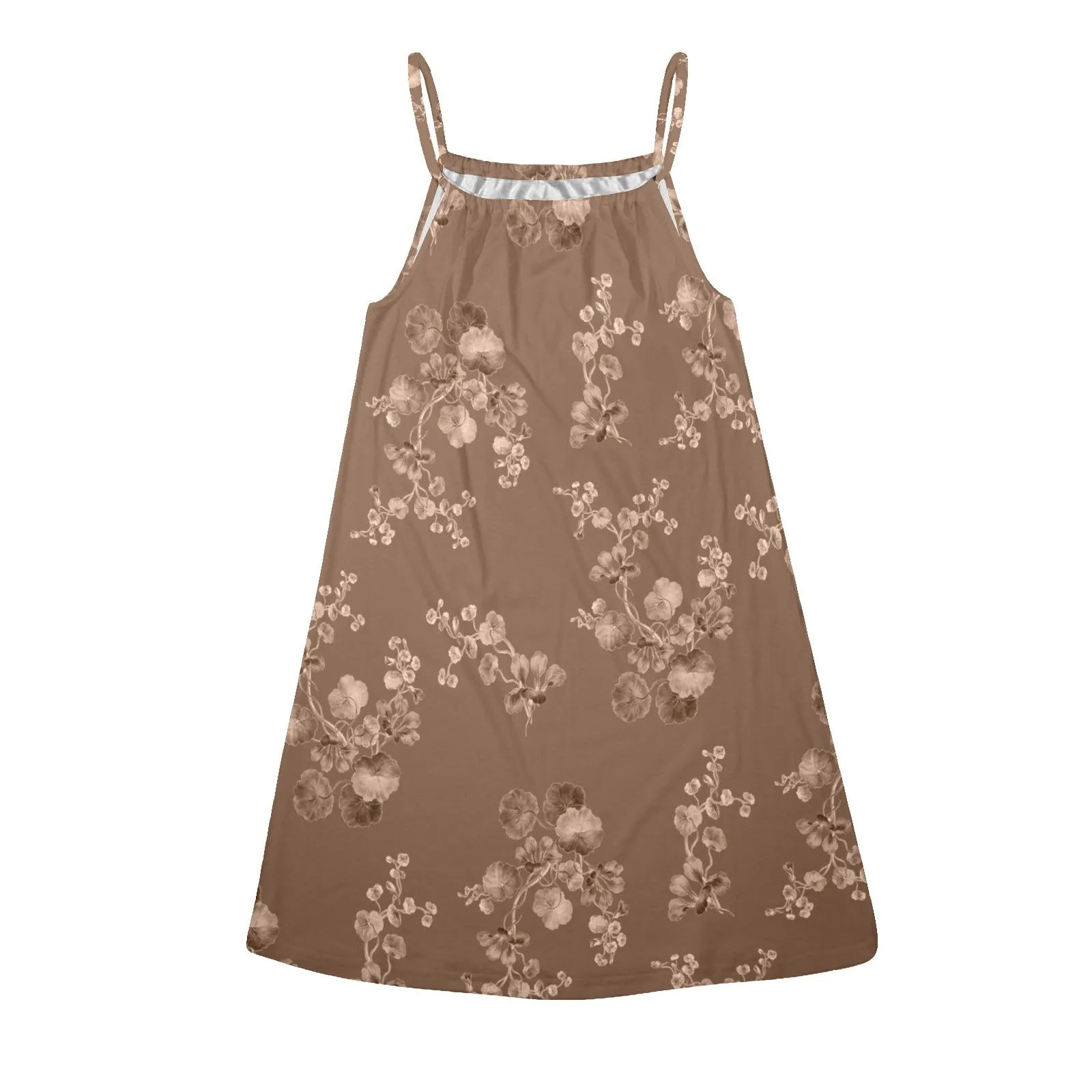 brown tone floral print Drawstring Neck Sleeveless Dress (Model D68)