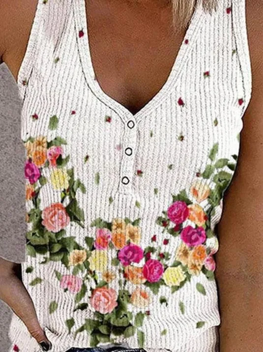 Button Print V-neck Sleeveless Tank Top