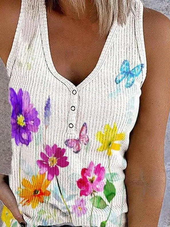 Button Print V-neck Sleeveless Tank Top