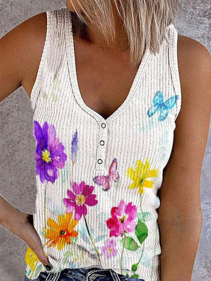 Button Print V-neck Sleeveless Tank Top