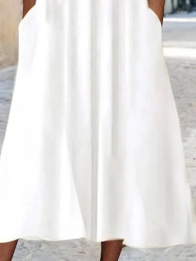 Casual Dress Shift Dress White Dress Midi Dress White Short Sleeve Pure Color Button Summer Spring V Neck Basic Vacation Loose Fit  S M L XL XXL 3XL for Women