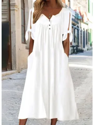 Casual Dress Shift Dress White Dress Midi Dress White Short Sleeve Pure Color Button Summer Spring V Neck Basic Vacation Loose Fit  S M L XL XXL 3XL for Women