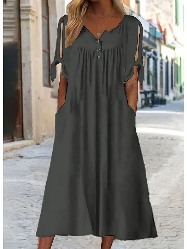 Casual Dress Shift Dress White Dress Midi Dress White Short Sleeve Pure Color Button Summer Spring V Neck Basic Vacation Loose Fit  S M L XL XXL 3XL for Women