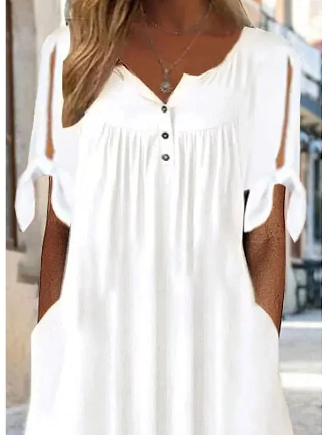 Casual Dress Shift Dress White Dress Midi Dress White Short Sleeve Pure Color Button Summer Spring V Neck Basic Vacation Loose Fit  S M L XL XXL 3XL for Women