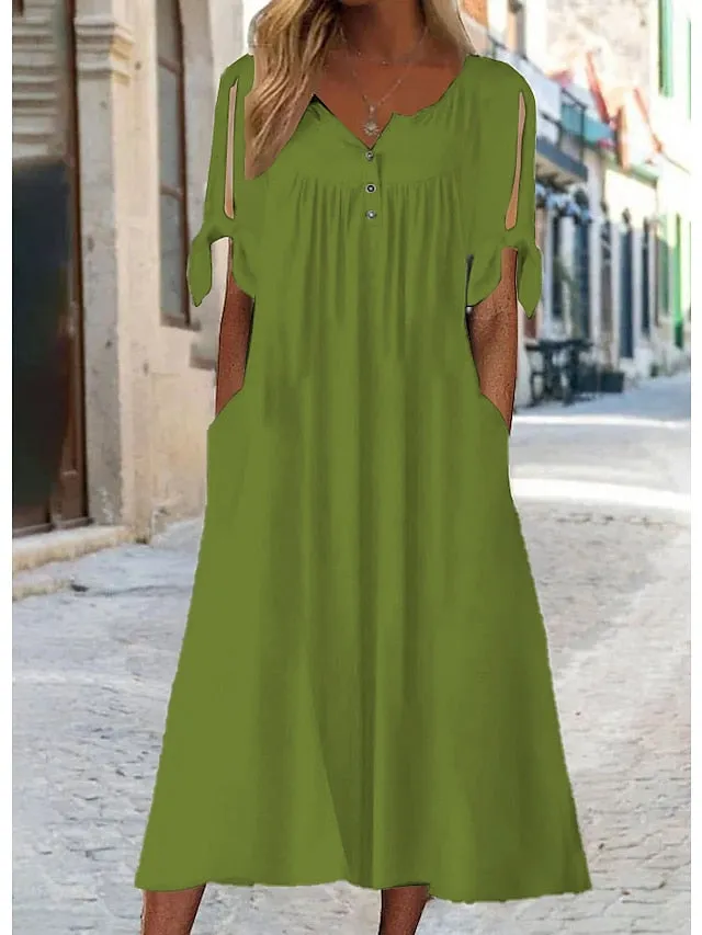 Casual Dress Shift Dress White Dress Midi Dress White Short Sleeve Pure Color Button Summer Spring V Neck Basic Vacation Loose Fit  S M L XL XXL 3XL for Women