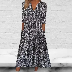 Casual Floral Printed V Neck Long Sleeves Midi Dress
