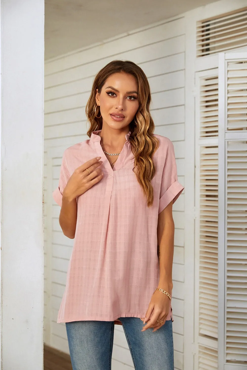 Casual Hem Loose V-neck Shirt Top