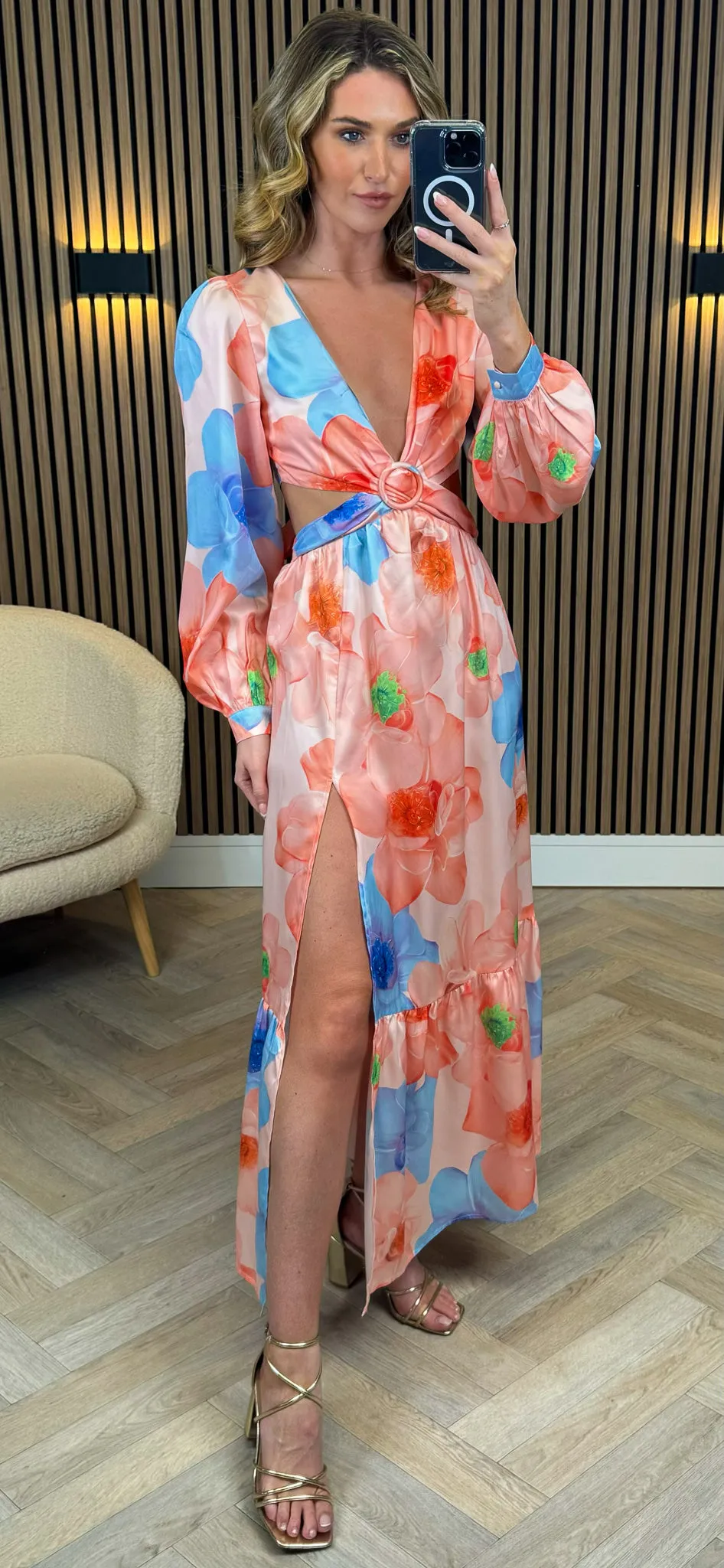 Christine Orange Floral Printed Cut Out Detail Midi Dress