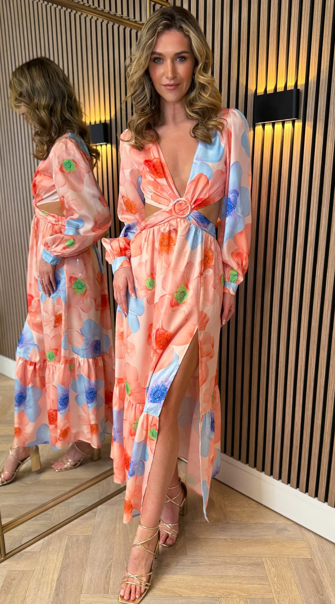 Christine Orange Floral Printed Cut Out Detail Midi Dress