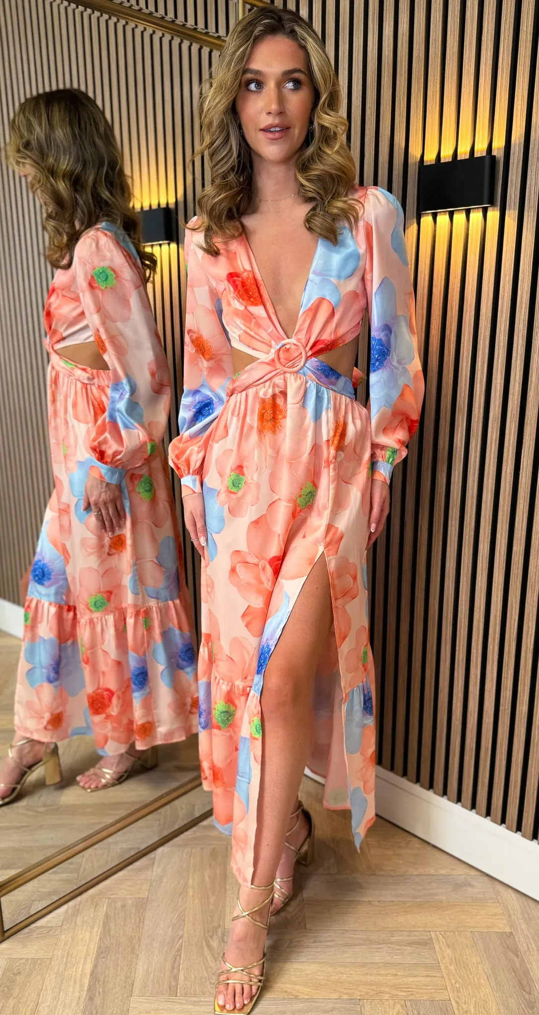 Christine Orange Floral Printed Cut Out Detail Midi Dress