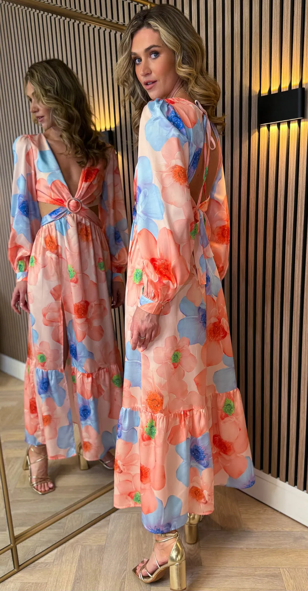 Christine Orange Floral Printed Cut Out Detail Midi Dress