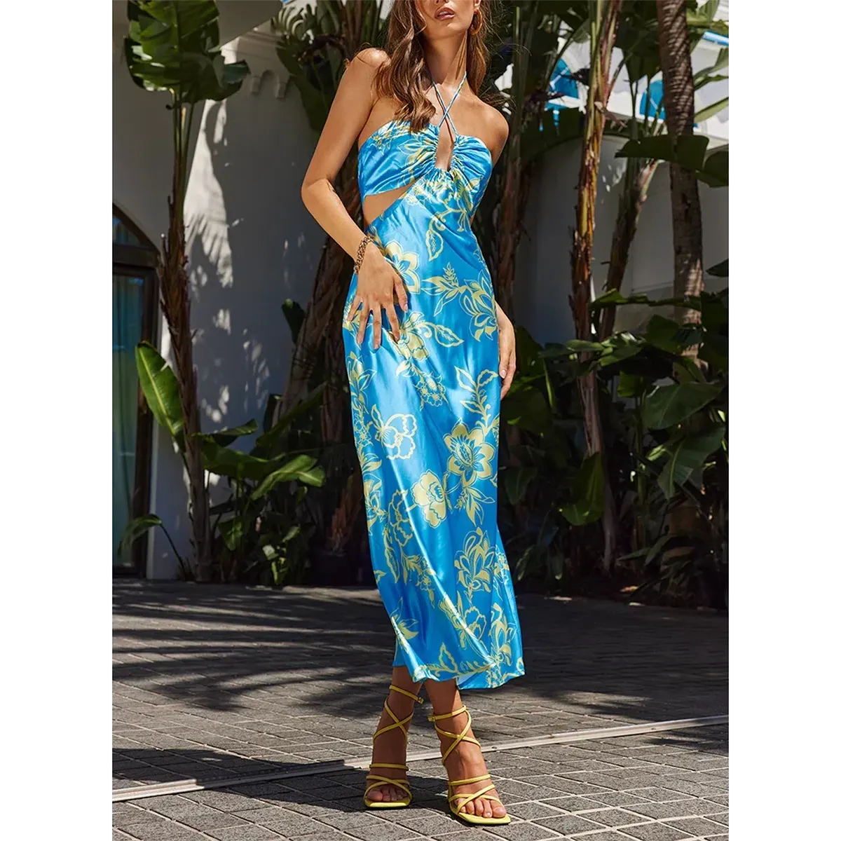 Combhasaki Women's Sexy Halter Waist Cutout A-Line Dress