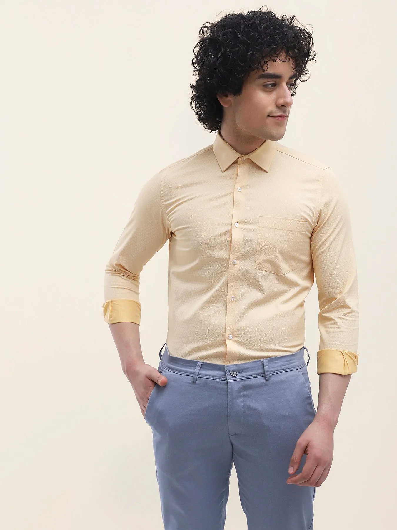 Cotton Yellow Printed Full Sleeve Formal Shirt