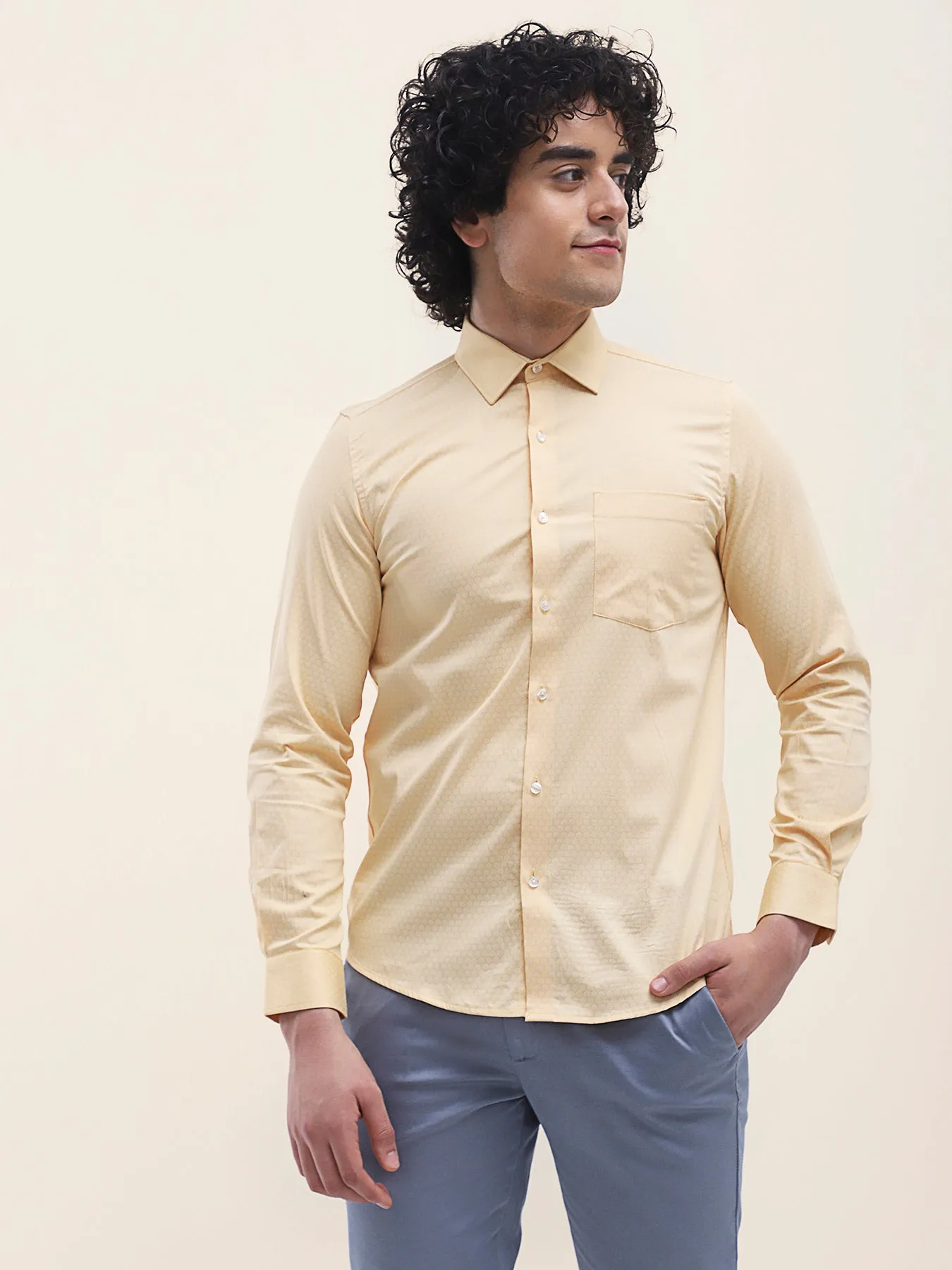 Cotton Yellow Printed Full Sleeve Formal Shirt