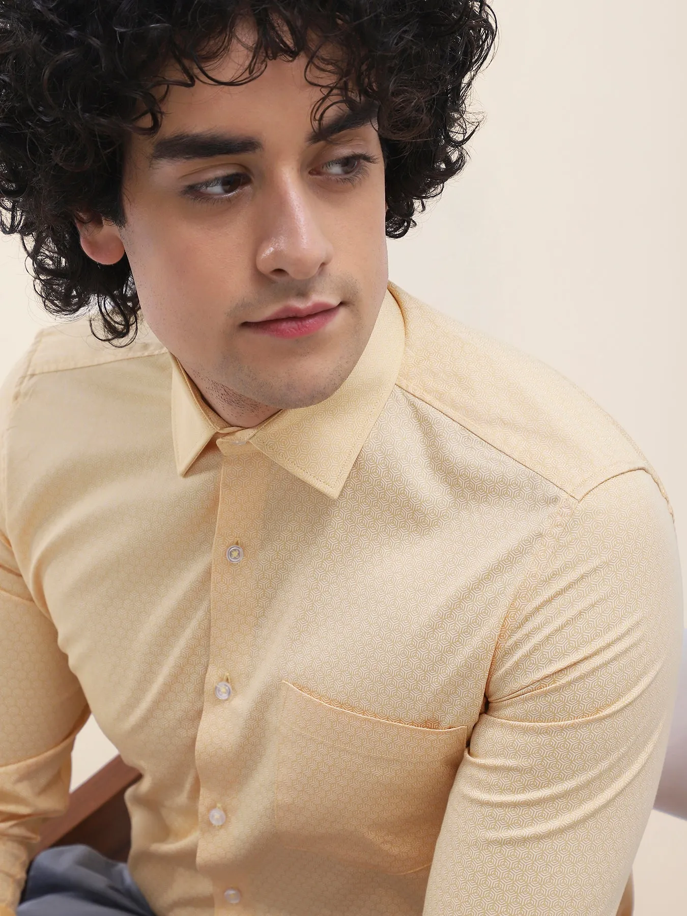 Cotton Yellow Printed Full Sleeve Formal Shirt