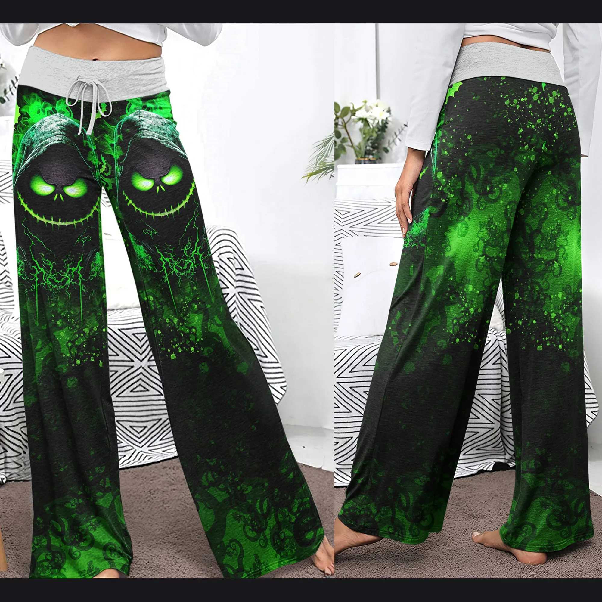 Dark Green Nightmare Theme Women's High-waisted Wide Leg Pants