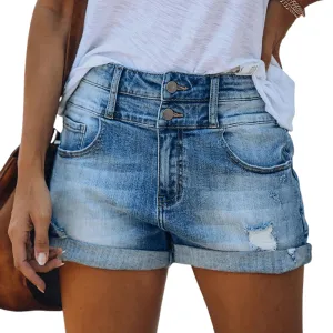 Double Button Shorts Women's High Waist Ripped Denim Shorts