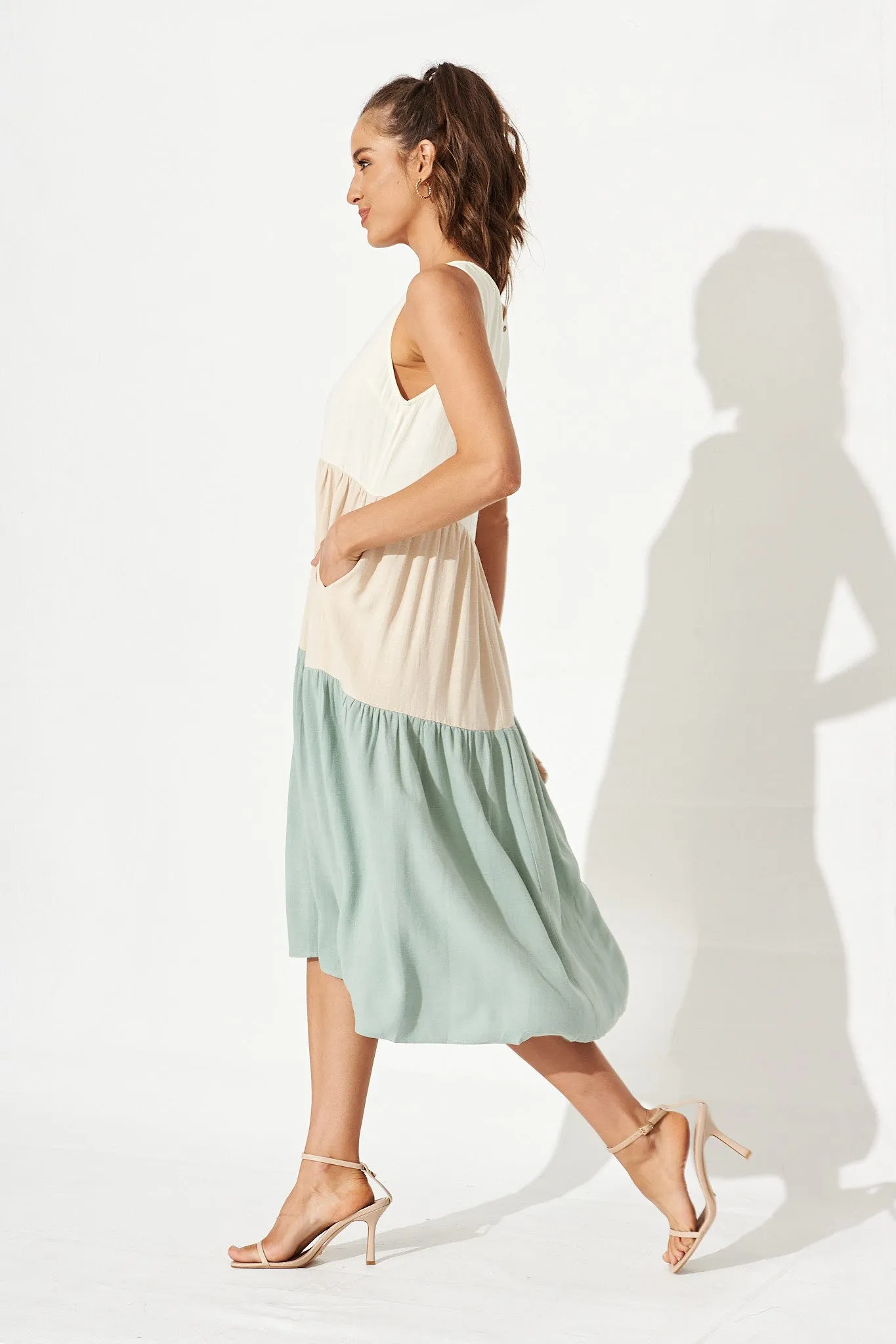Dusty Teal Colorblock Linen Midi Dress