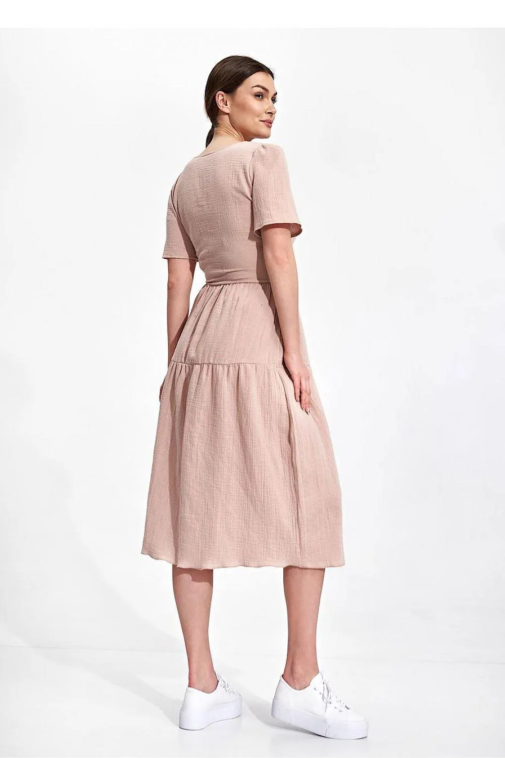 Elegant Flared Midi Envelope Dress with Short Sleeves and Chic Accents