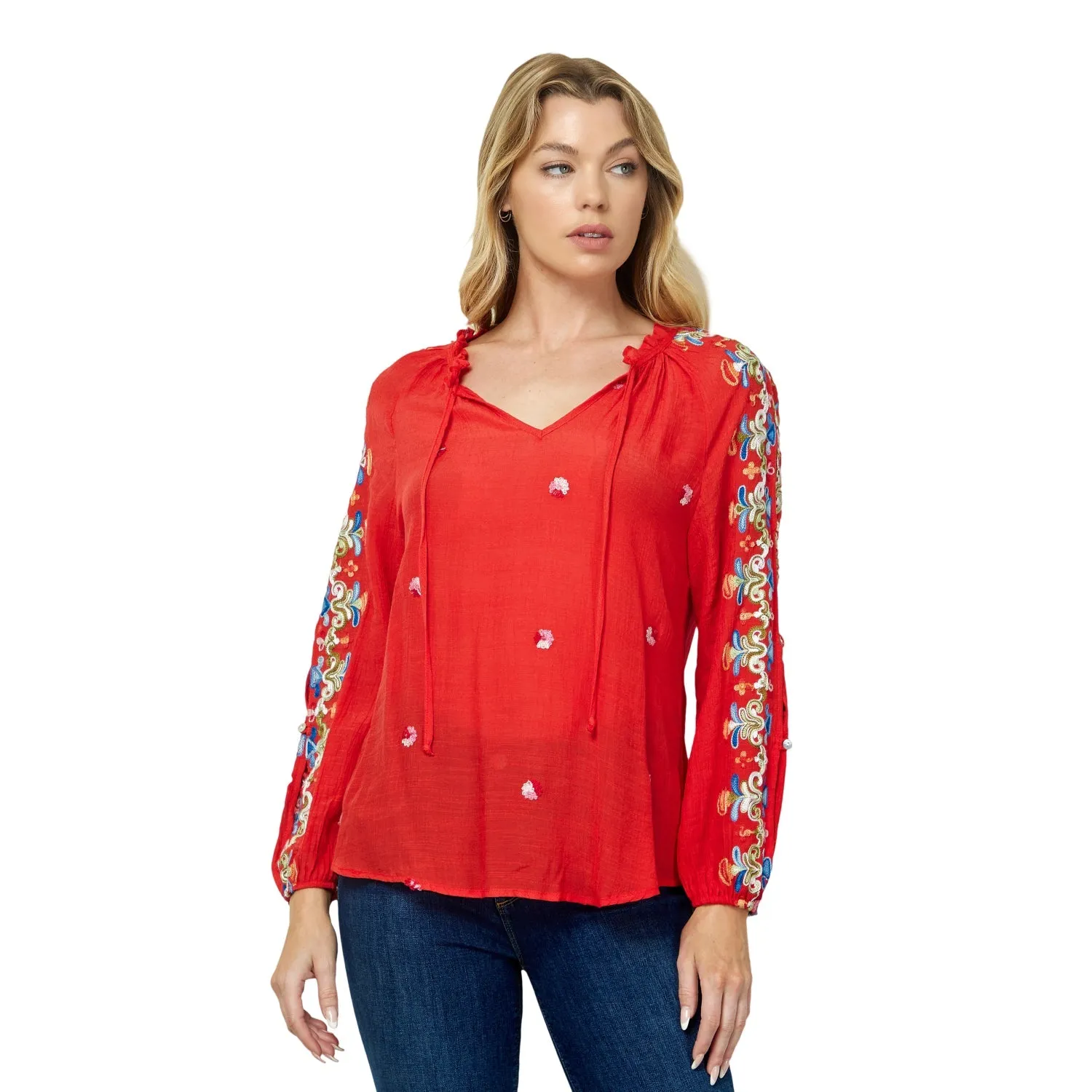 Embroidered Long Sleeve V-Neck Blouse