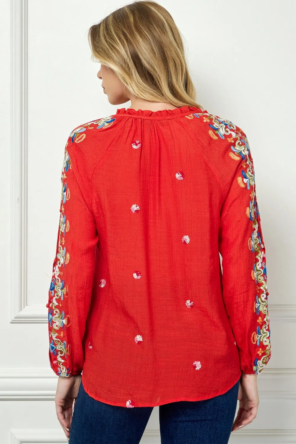 Embroidered Long Sleeve V-Neck Blouse
