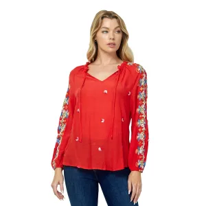 Embroidered Long Sleeve V-Neck Blouse