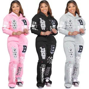 Fashion casual printed sweater thickened two-piece set AY3227