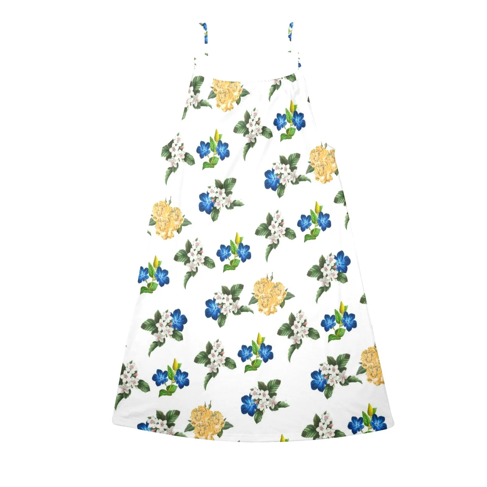 FLORAL BLUE WHITE GOLD MD Drawstring Neck Sleeveless Dress (Model D68)