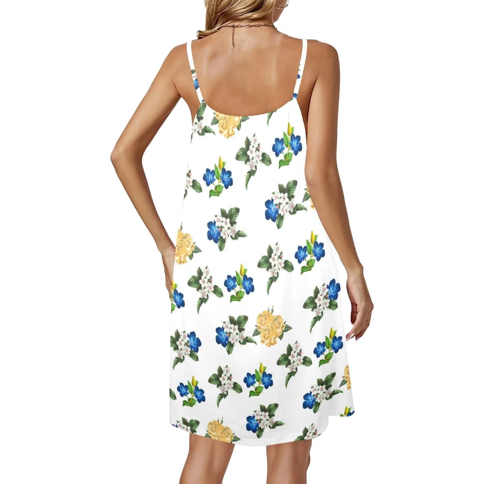 FLORAL BLUE WHITE GOLD MD Drawstring Neck Sleeveless Dress (Model D68)