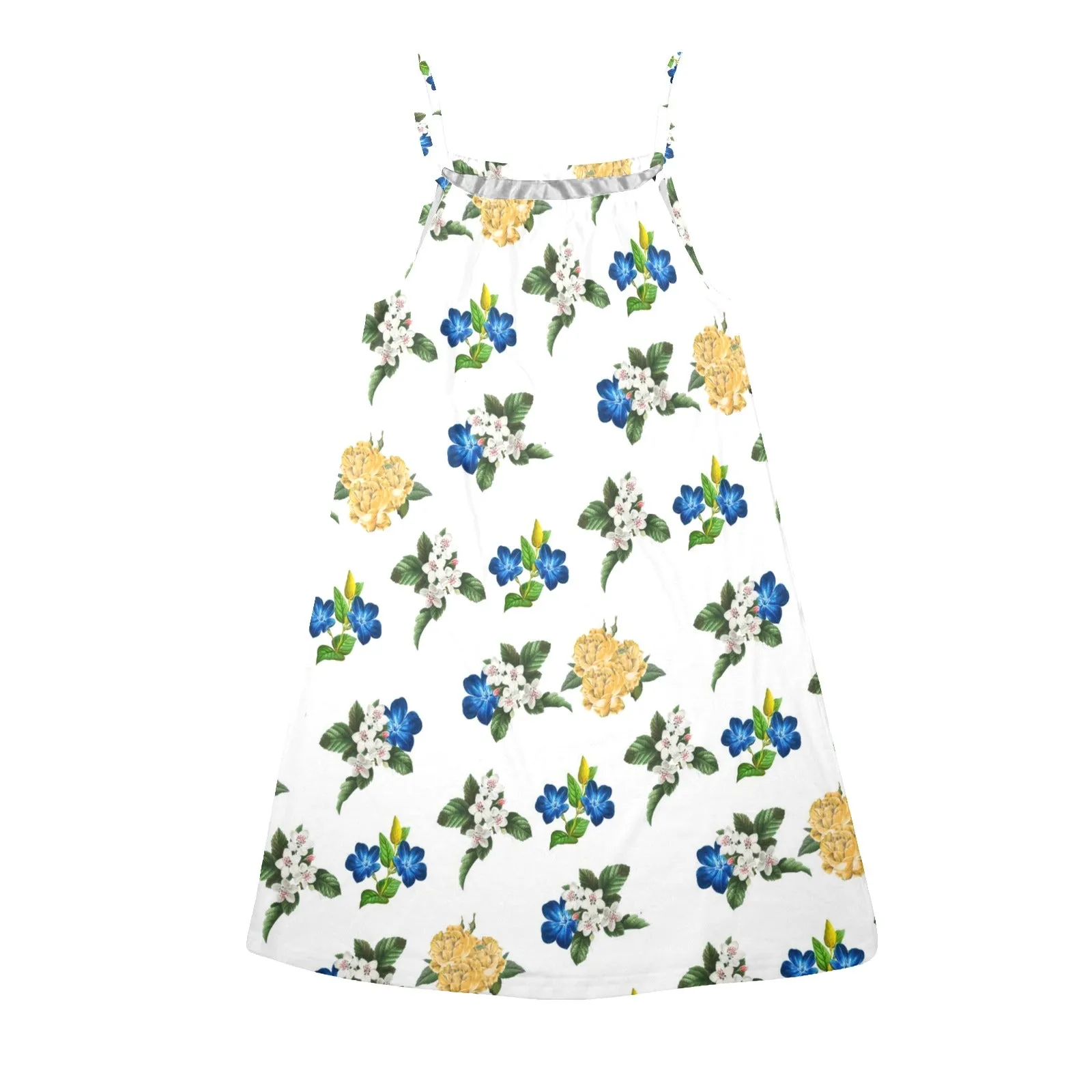 FLORAL BLUE WHITE GOLD MD Drawstring Neck Sleeveless Dress (Model D68)