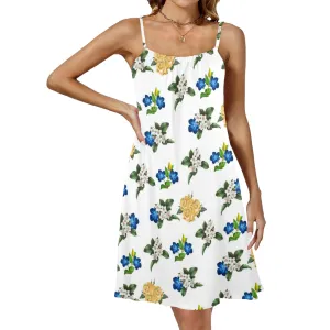 FLORAL BLUE WHITE GOLD MD Drawstring Neck Sleeveless Dress (Model D68)
