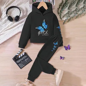 Girls Butterfly Black Printed Hoodie Tracksuit