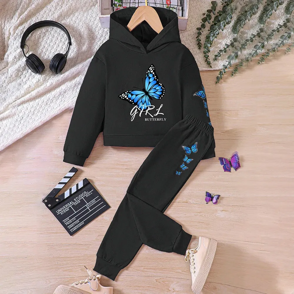 Girls Butterfly Black Printed Hoodie Tracksuit