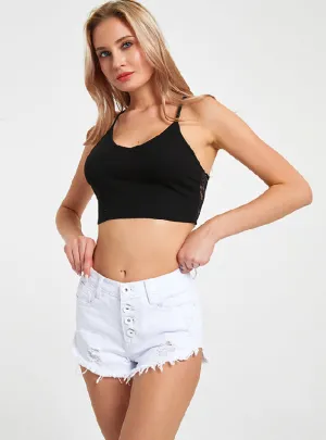 High-breasted Tassel Denim Shorts