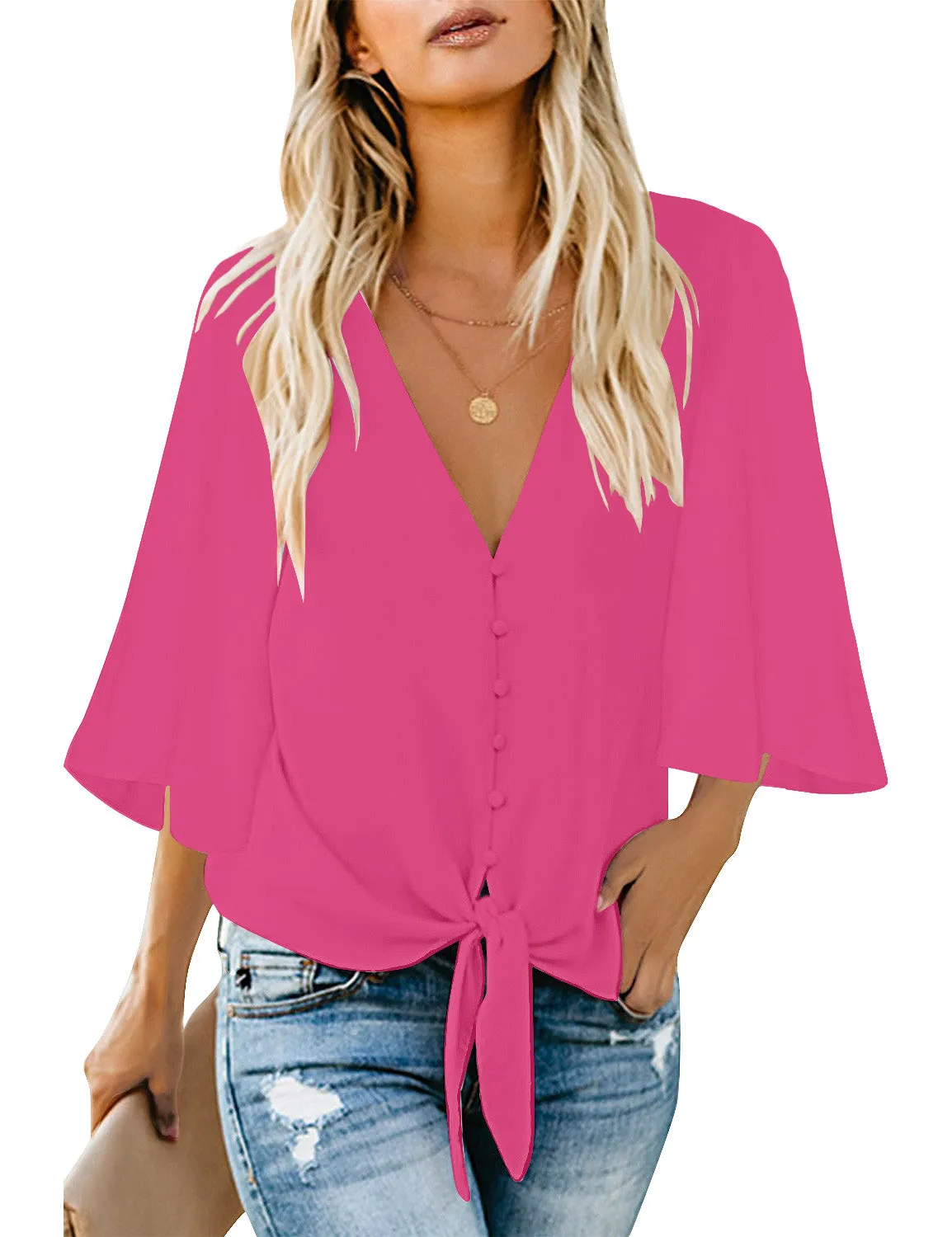 Hot Pink Women's V Neck Button Down Shirts 3/4 Bell Sleeve Tie Knot Blouse