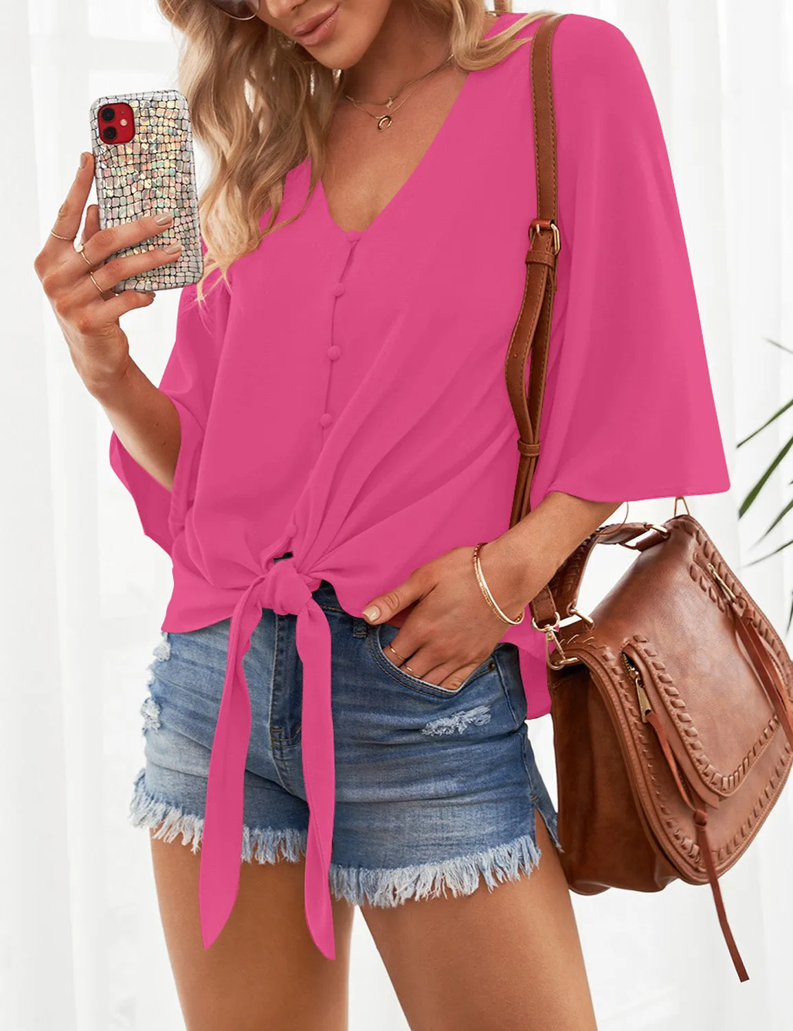 Hot Pink Women's V Neck Button Down Shirts 3/4 Bell Sleeve Tie Knot Blouse