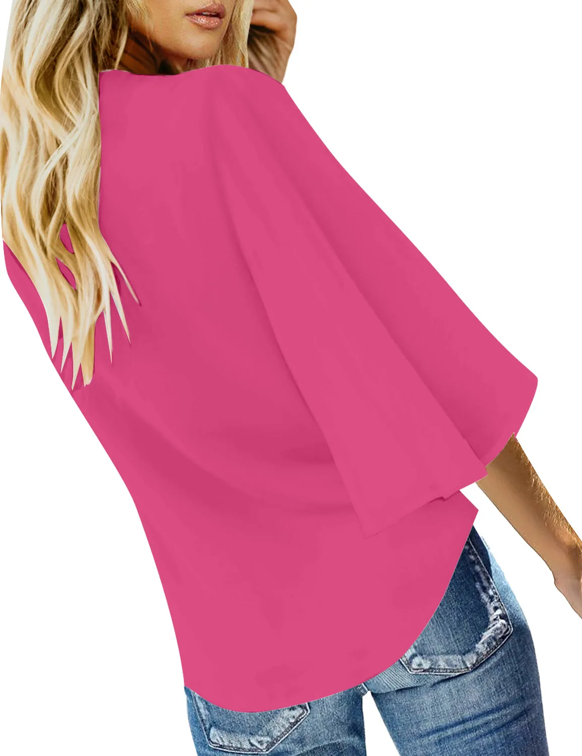 Hot Pink Women's V Neck Button Down Shirts 3/4 Bell Sleeve Tie Knot Blouse