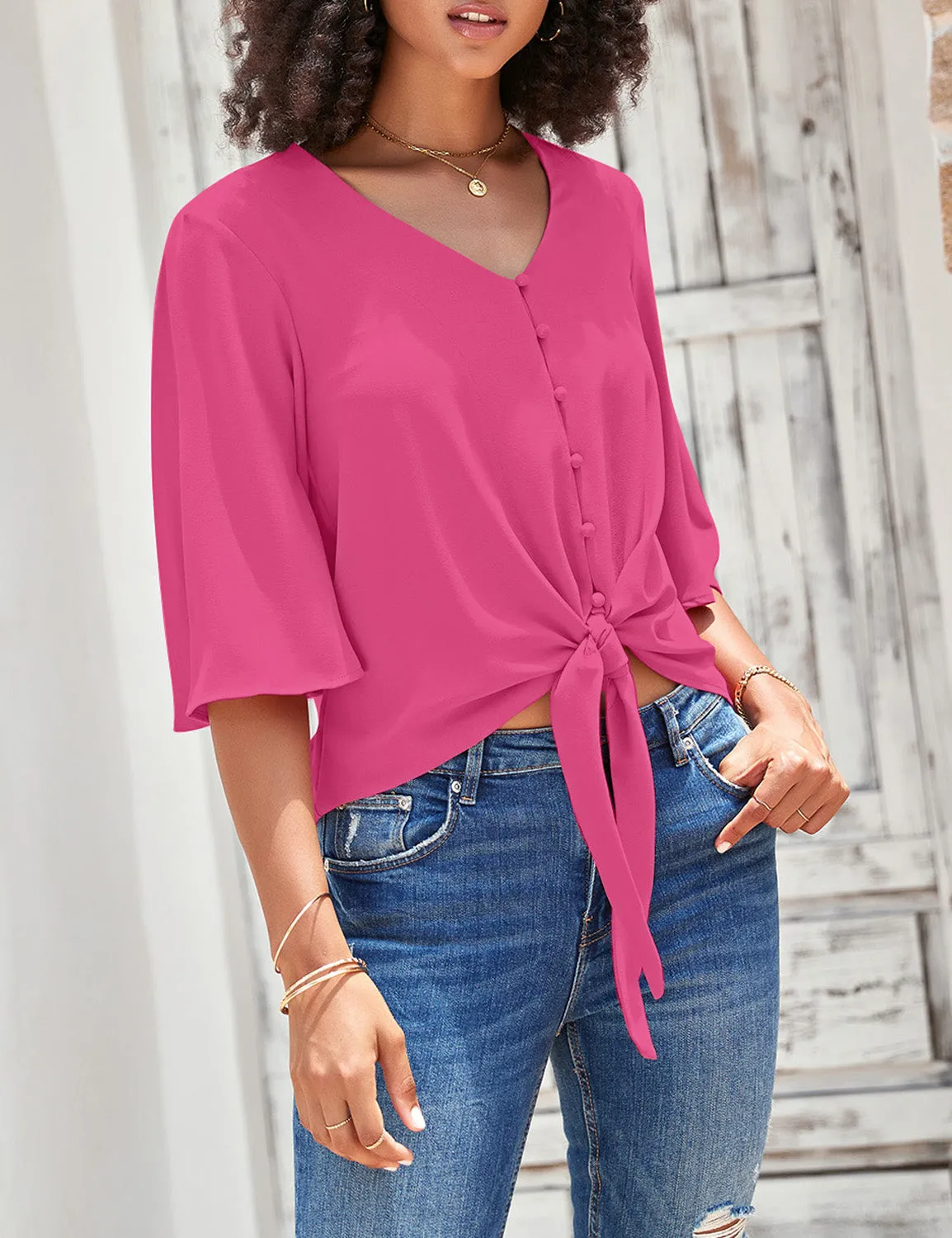 Hot Pink Women's V Neck Button Down Shirts 3/4 Bell Sleeve Tie Knot Blouse