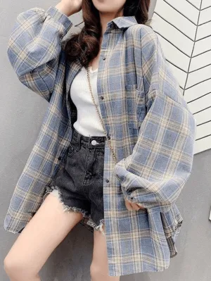 Joskaa Checkered Baggy Long Sleeve Button Blouse