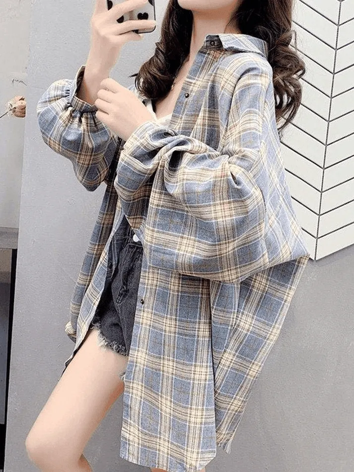 Joskaa Checkered Baggy Long Sleeve Button Blouse