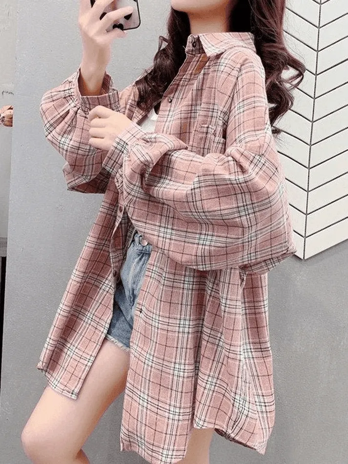 Joskaa Checkered Baggy Long Sleeve Button Blouse