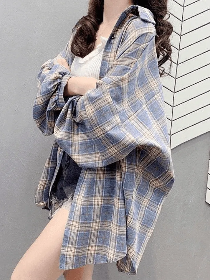 Joskaa Checkered Baggy Long Sleeve Button Blouse