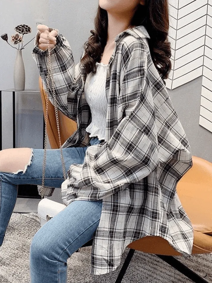 Joskaa Checkered Baggy Long Sleeve Button Blouse