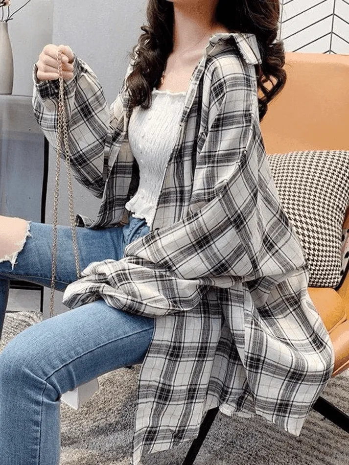 Joskaa Checkered Baggy Long Sleeve Button Blouse