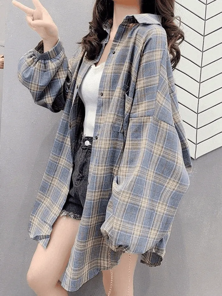 Joskaa Checkered Baggy Long Sleeve Button Blouse