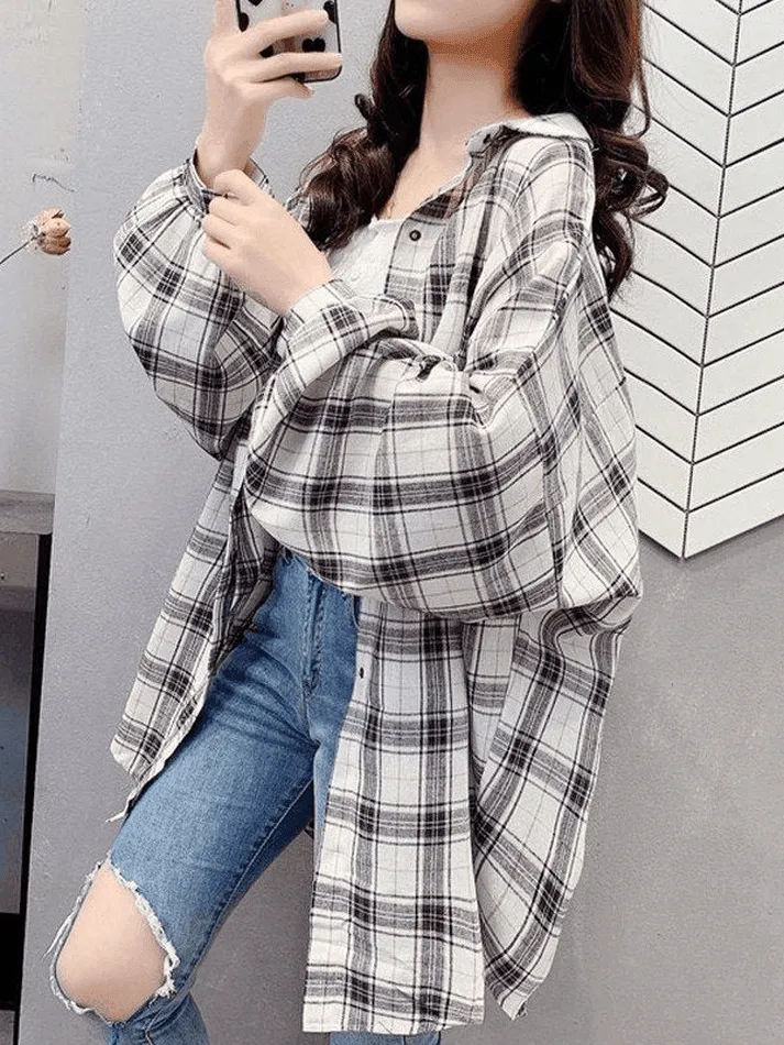 Joskaa Checkered Baggy Long Sleeve Button Blouse